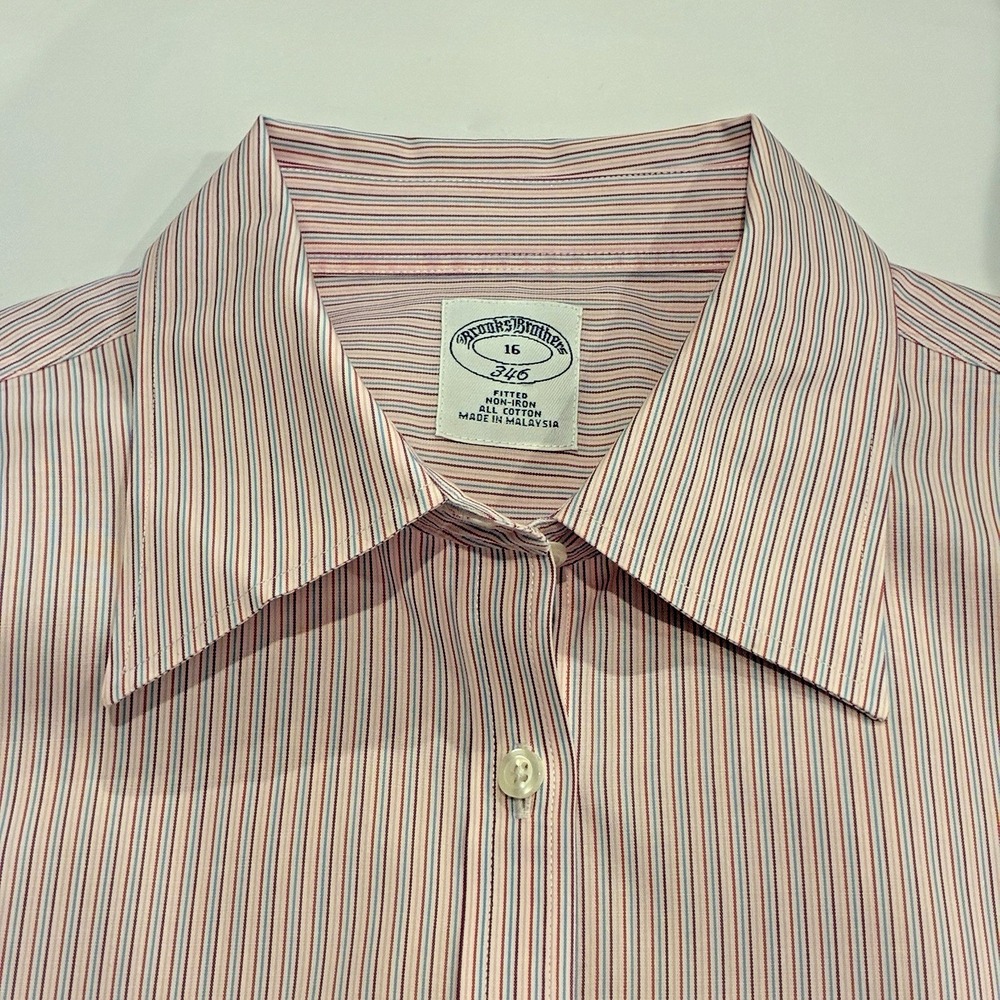 Brooks Brothers 346 Fitted Non-Iron Womens Button Up Shirt 16 Pink Striped